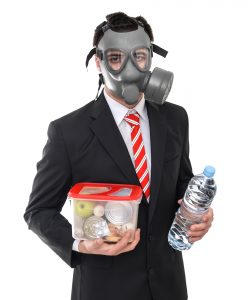 Survival Concept, Business Man With Gas Mask Isolated On White